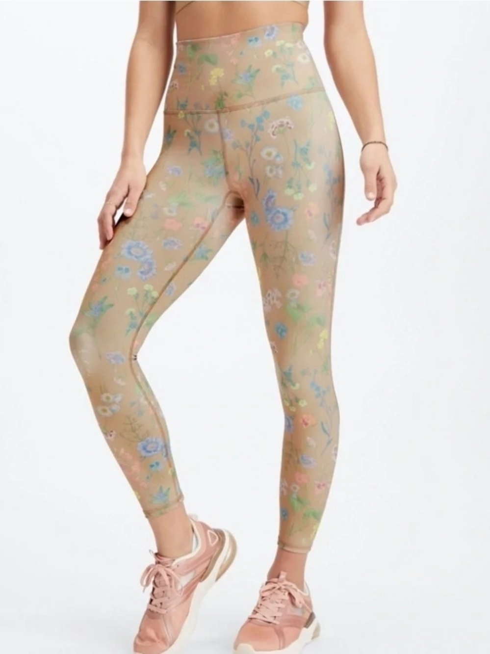 Fabletics High-Waist Floral Leggings Tan with Pastel Flowers Sz M